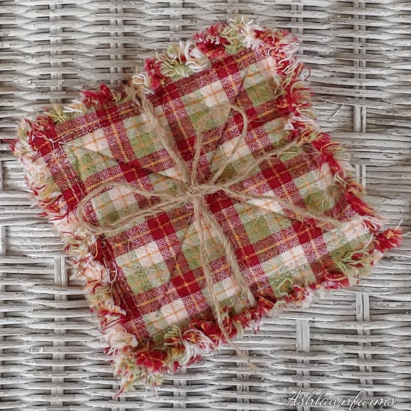 Rag Quilt Coasters, set of 4, Summer Red Green Yellow Beige, Tartan Plaid Homespun, Farmhouse Coasters, Primitive Decor