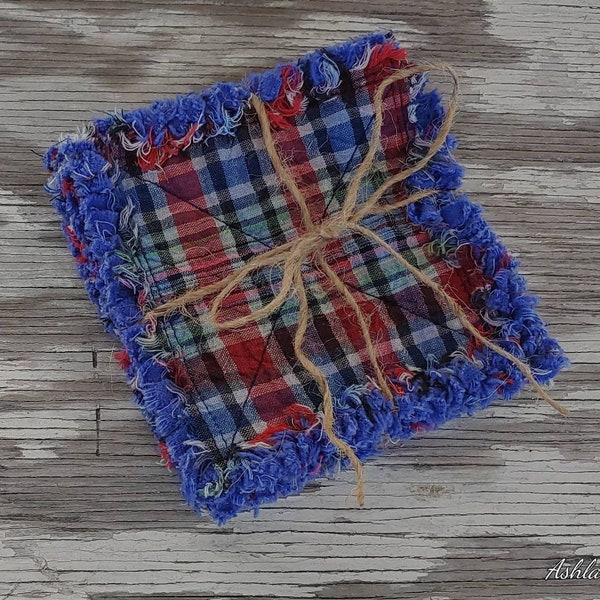 Rag Quilt Coasters, set of 4, Red Blue Pink Green White Plaid Homespun, Farmhouse Coasters, Primitive Decor