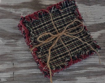 Rag Quilt Coasters, set of 4, Black Hunter Green Cranberry Beige Plaid Homespun, Farmhouse Coasters, Primitive Decor