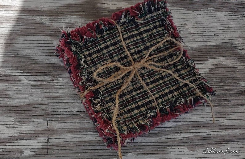 Rag Quilt Coasters, set of 4, Black Hunter Green Cranberry Beige Plaid Homespun, Farmhouse Coasters, Primitive Decor image 1