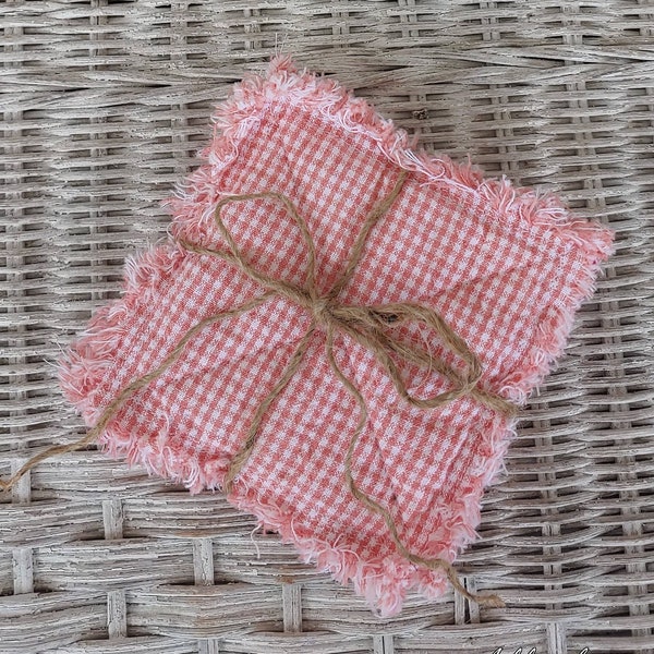 Rag Quilt Coasters, set of 4, Petal Pink, Tiny Check Homespun, Farmhouse Coasters, Primitive Decor