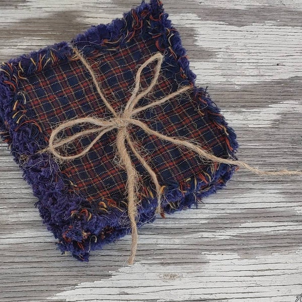 Rag Quilt Coasters, set of 4, Navy Blue Mustard Yellow Burnt Orange Plaid Homespun, Farmhouse Coasters, Primitive Decor