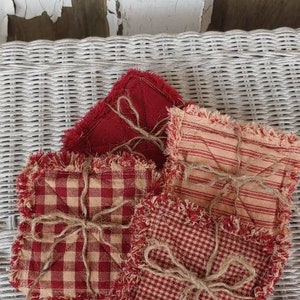 Rag Quilt Coasters, set of 4, Primitive Red, Tiny Check Homespun, Farmhouse Coasters, Primitive Decor image 3