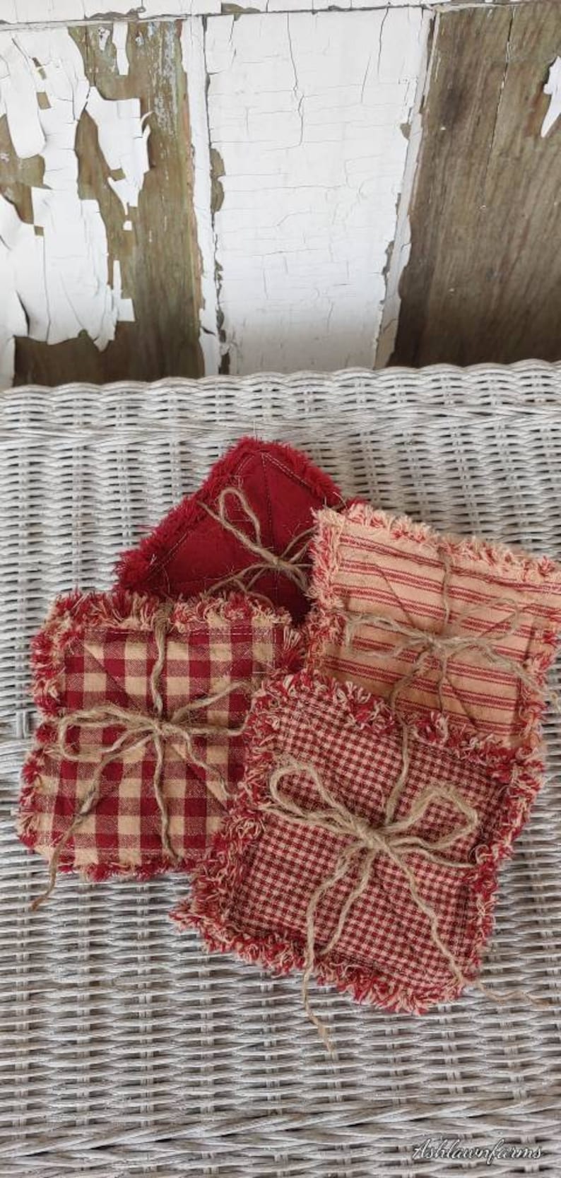 Rag Quilt Coasters, set of 4, Primitive Red, Tiny Check Homespun, Farmhouse Coasters, Primitive Decor image 3