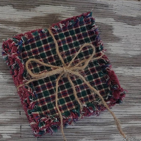 Rag Quilt Coasters, set of 4, Hunter Green Cranberry Red Beige Blue Homespun, Farmhouse Coasters, Primitive Decor