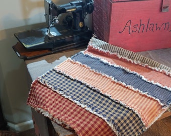 Rag Quilt Table Runner, Blue and Red, Homespun Table Runner, Farmhouse Style, Farmhouse  Decor