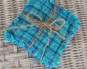 Rag Quilt Coasters, set of 4, Blue Purple Yellow, Plaid, Check Homespun, Farmhouse Coasters, Primitive Decor