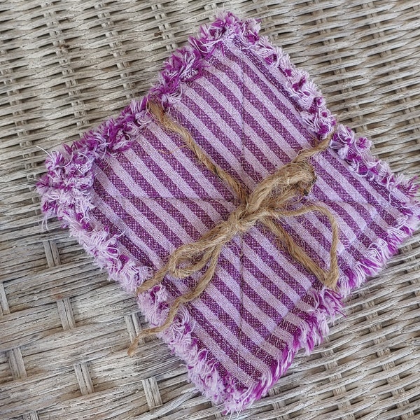 Rag Quilt Coasters, set of 4, Purple and white, Stripe, Ticking, Check Homespun, Farmhouse Coasters, Primitive Decor