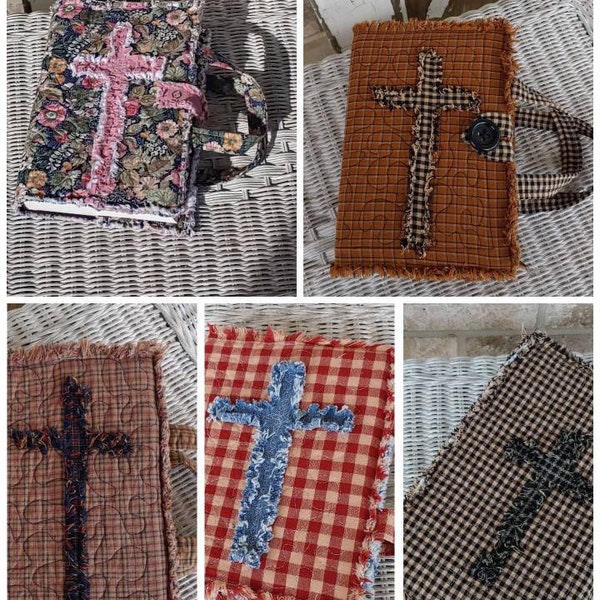 Custom Made, Ashlawnfarms, Homespun with Cross, Rag Quilted Bible Cover, Rag Quilt Bible Cover, Book Cover, Journal Cover