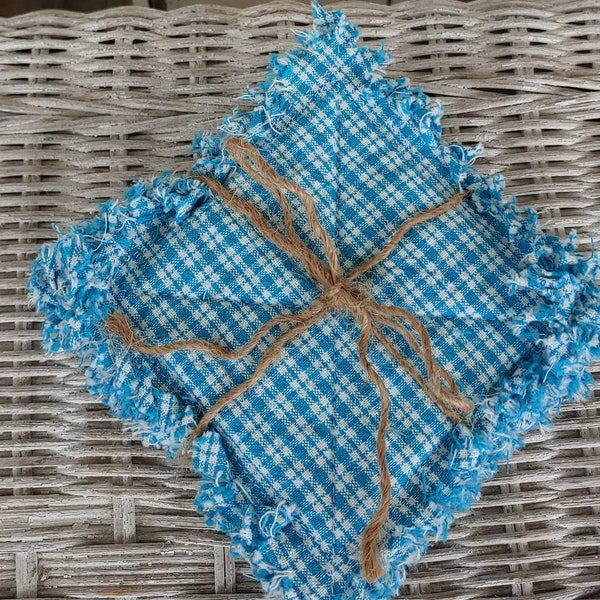 Rag Quilt Coasters, set of 4, Hampton Blue, Plaid Homespun, Farmhouse Coasters, Primitive Decor