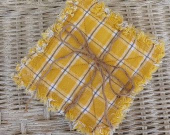 Rag Quilt Coasters, set of 4, Summer Yellow Black White, Window Pane Homespun, Farmhouse Coasters, Primitive Decor