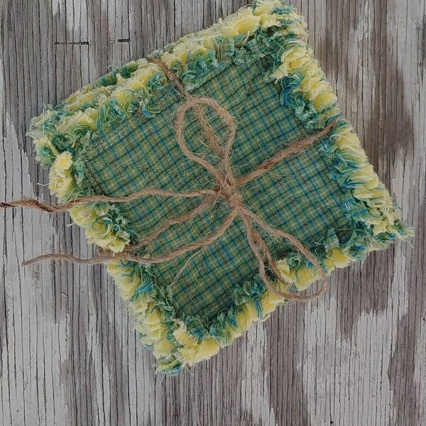 Rag Quilt Coasters, set of 4, Green Blue Tan and Yellow Plaid Homespun, Farmhouse Coasters, Primitive Decor