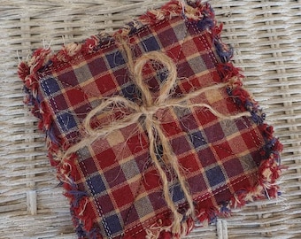 Posavasos de tela de retazos, juego de 4, estilo americano, rojo, azul y tostado, patriótico, cuadros grandes, posavasos de estilo rústico, decoración primitiva