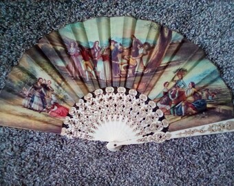 Vintage antique plastic and painted fabric hand fan