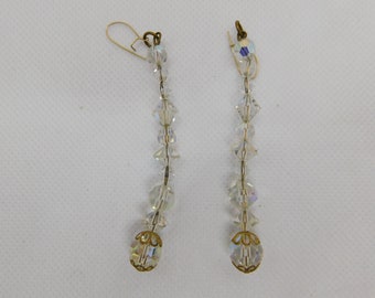 Vintage clear glass crystals long drop pierced earrings