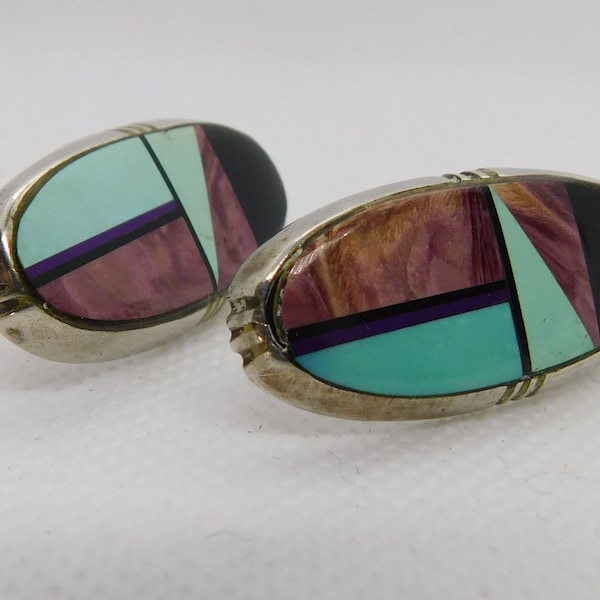 Vintage southwestern native American sterling silver inlay earrings signed FY Frank Yazzie