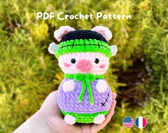 Frankenstein Pig Crochet Pattern PDF – Halloween Amigurumi – English and French Tutorial