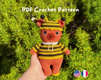 Bee Bear Crochet Pattern – Amigurumi Bear in Cute Bee Costume with Honey and Tiny Bee – Digital PDF Pattern –  English & French Tutorial