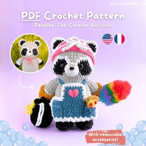 Cleaner Raccoon PDF Crochet Pattern – Raccoon Amigurumi with Removable Cleaning Accessories – English & French Tutorial