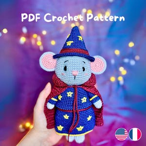 Patrón de crochet de ratón mago en PDF: adorable amigurumi con disfraz de mago (tutorial en inglés y francés)