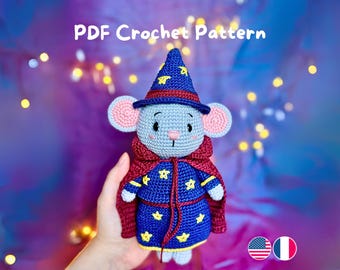 Wizard Mouse Crochet Pattern PDF – Adorable Amigurumi in Magic Costume – English & French Tutorial
