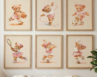 Vintage Teddy Bear Girls Sports Nursery Wall Art, Set of 6 Printable Prints