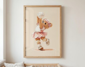 Vintage Teddy Bear Volleyball Poster, Printable Nursery Wall Art, Girl Room Decor