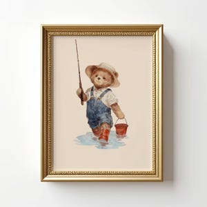 Vintage Teddy Bear Fishing Wall Art, Watercolor Fishing Nursery Decor, Digital Teddy Bear Print For Kids Room Decor, Perfect New Baby Gift