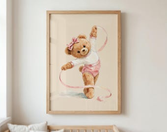 Vintage Teddy Bear Gymnastics Wall Art, Printable Nursery Print, Girl Room Decor