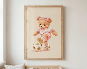 Vintage Teddy Bear Soccer Nursery Print, Printable Wall Art, Girl Room Decor
