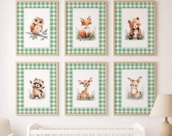 Woodland Animals Nursery Wall Art Set, Watercolor Gingham Forest Prints, Gender Neutral