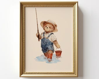 Fishing Nursery Wall Art Printable, Teddy Bear Outdoor Print, Boy Baby Room Decor Vintage