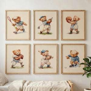 Vintage Teddy Bear Sports Wall Art Set of 6, Nursery Printable, Baby Boy Decor, Instant Download