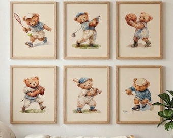 Vintage Teddy Bear Sports Wall Art Set of 6, Nursery Printable, Baby Boy Decor, Instant Download