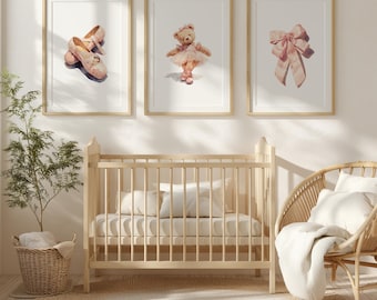 Ballerina Nursery Wall Art Set Personalized, Teddy Bear Ballet Print, Girl Baby Room Decor