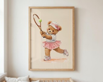 Teddy Bear Tennis Nursery Print, Vintage Printable Wall Art, Girl Room Decor