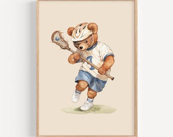 Lacrosse Teddy Bear Wall Art, Nursery Sports Decor, Vintage Watercolor Illustration, Kids Room Printable, Digital Download