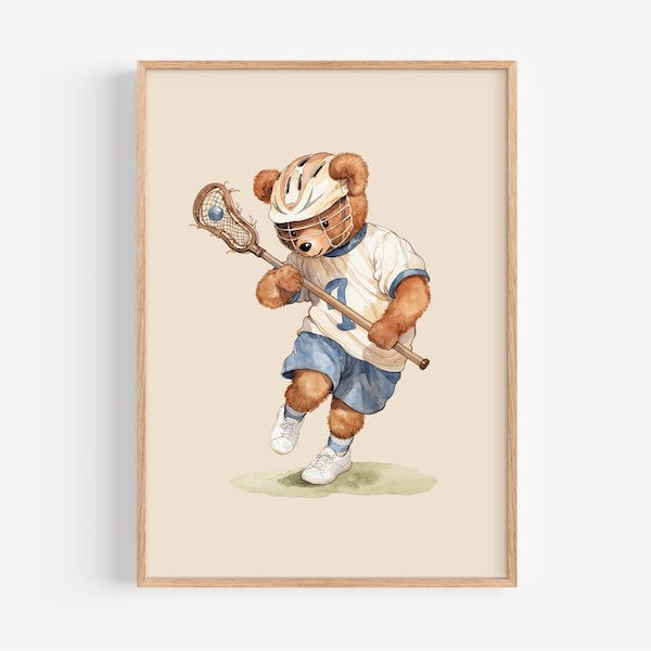 Lacrosse Teddy Bear Wall Art, Nursery Sports Decor, Vintage Watercolor Illustration, Kids Room Printable, Digital Download