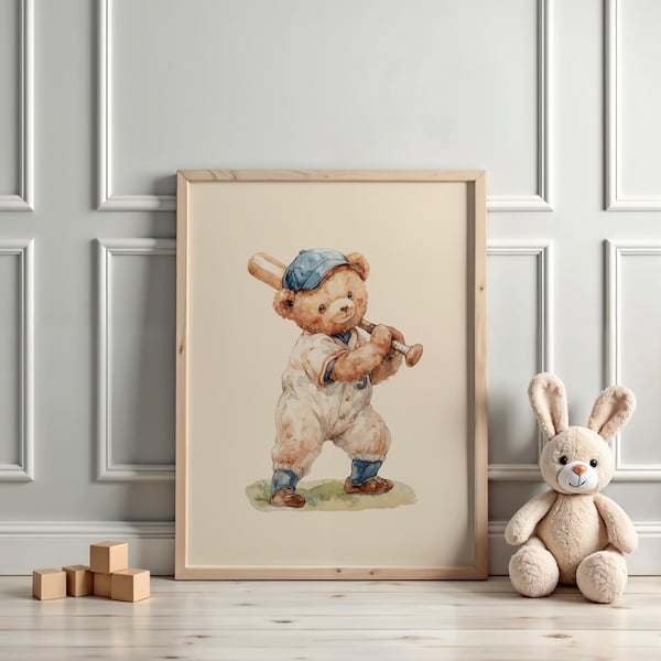 Vintage Baseball Teddy Bear Wall Art, Adorable Bear in Classic Baseball Uniform, Charming Decor for Kids Room, Nursery, or Sports Lovers