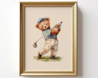 Vintage Golf Teddy Bear Wall Art, Watercolor Illustration of Bear in Retro Outfit, Nostalgic Wall Decor for Kids Room or Golf Enthusiasts