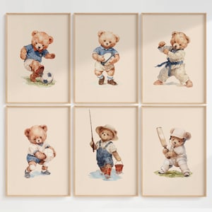 Vintage Teddy Bear Sports Wall Art Prints, Watercolor Nursery Decor, Printable Kids Room Set, Baby Boy Shower Gift Idea, Sporty Wall Prints