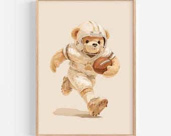 Vintage Teddy Bear Football Poster, Printable Sports Nursery Wall Art, Neutral Room Decor, Digital Download