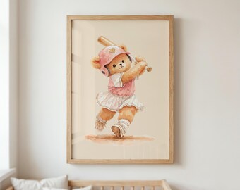 Vintage Teddy Bear Softball Poster, Printable Nursery Wall Art, Girl Room Decor