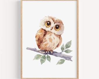 Owl Nursery Wall Art Printable, Watercolor Forest Animal Print, Gender Neutral Baby Room Decor