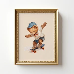 Vintage Teddy Bear Skateboard Wall Art, Watercolor Skateboarding Bear Illustration, Retro Nursery Decor, Unique Gift for Kids Room