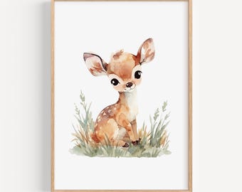 Deer Nursery Wall Art Printable, Watercolor Forest Animal Print, Gender Neutral Baby Room Decor