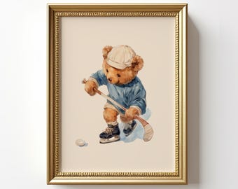 Vintage Teddy Bear Ice Hockey Wall Art, Sports Nursery Theme, Sporty Watercolor Illustration, Boy Sports Room Decor