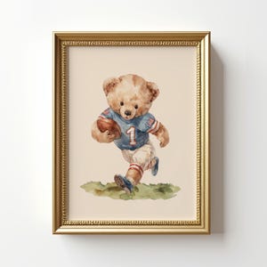 Watercolor Teddy Bear Vintage Football Wall Art, Nostalgic Bear Playing Football, Perfect Decor for Kids Room, Nursery, or Sports Fans