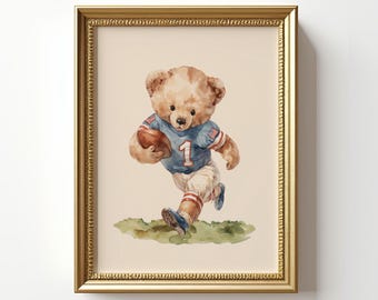 Decorazione murale vintage a forma di orsetto di peluche con acquerello, orso nostalgico che gioca a calcio, decorazione perfetta per la cameretta dei bambini, la cameretta dei bambini o per gli appassionati di sport.