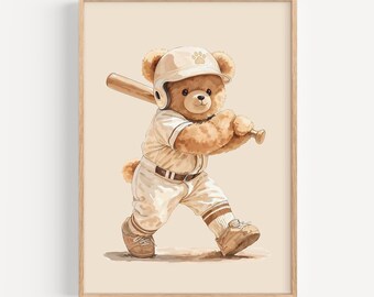 Vintage Teddy Bear Baseball Poster, Printable Sports Nursery Wall Art, Neutral Room Decor, Digital Download